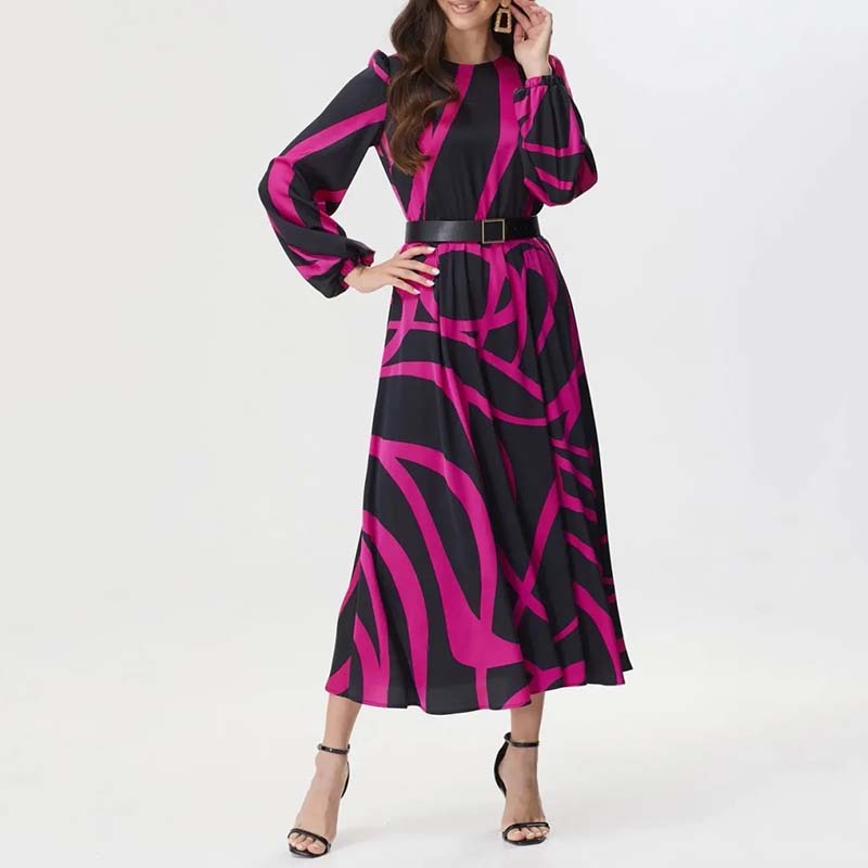 Langärmliges Kleid mit Gürtel und auffälligem geometrischem Druck für Damen
