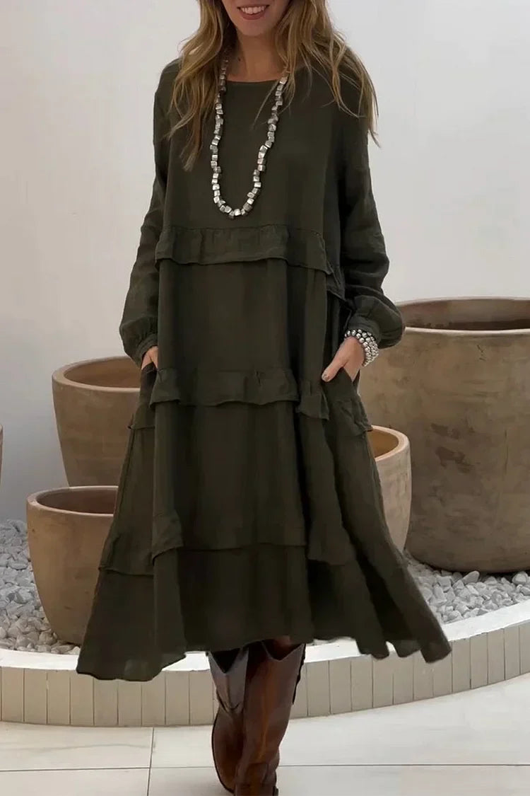 Langärmeliges Damenkleid mit Rundhalsausschnitt und Rüschenbordüre