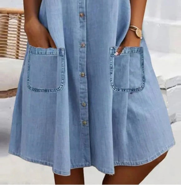🎁Begrenzte Zeit 50 % RABATT⏳Blaues, schlichtes Minikleid aus Denim mit Kragen und Spitzenbesatz