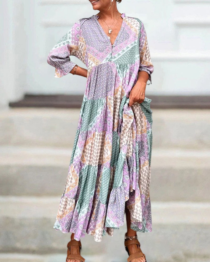 🔥Kleid mit Farbblock-Print und 3/4-Ärmeln