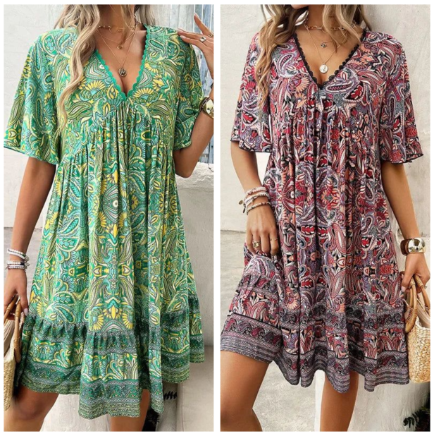 👗Minikleid mit Blumenmuster und V-Ausschnitt und kurzen Ärmeln für Damen
