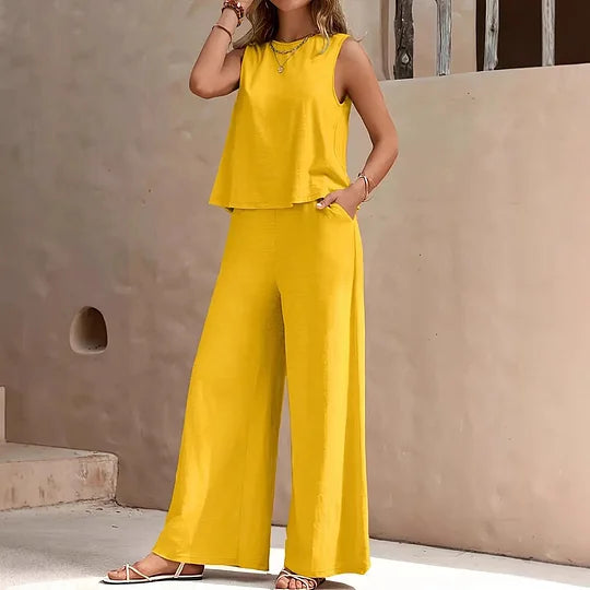 Zweiteiliger Damen-Zweiteiler in Volltonfarbe, Rundhals-Weste und Hose mit weitem Bein