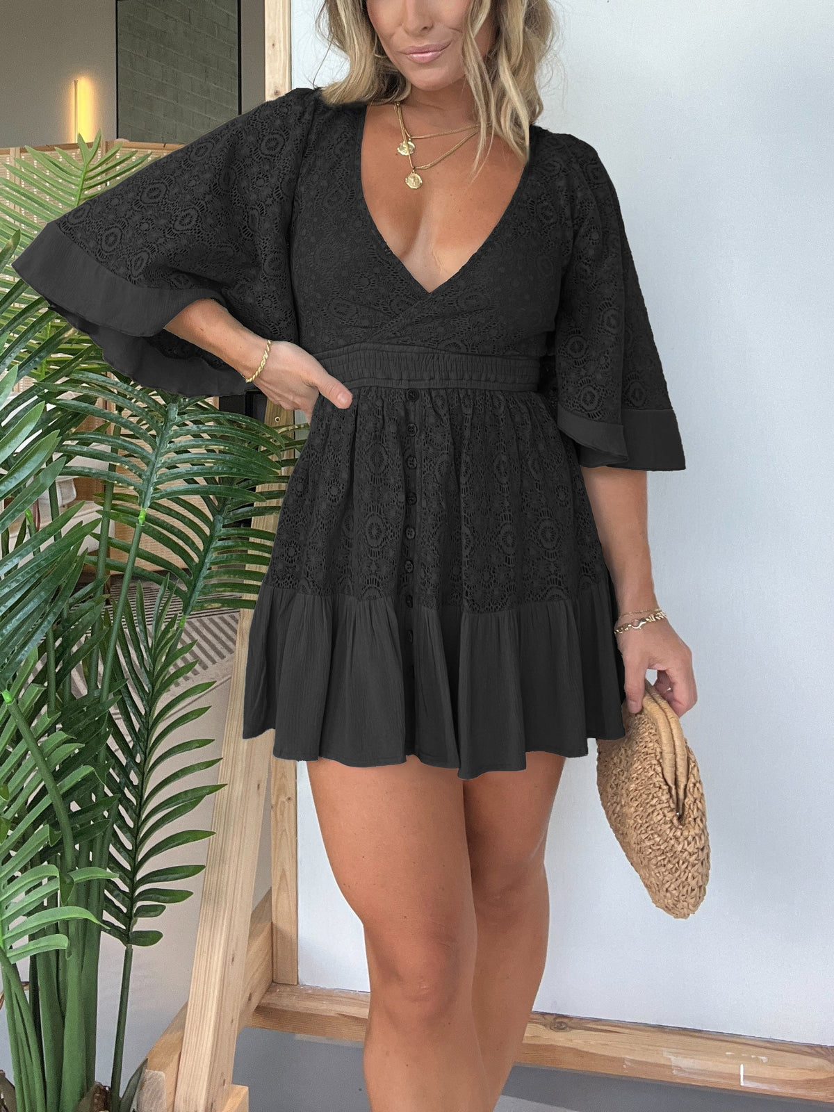 💕Spitzen-Häkel-Strampler Kleid mit offenem Rücken – zeigt eine anmutige Form!