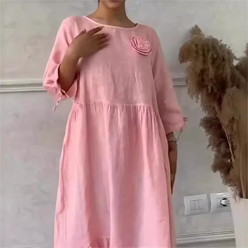 💃✨ Elegantes, einfarbiges Kleid mit Blumenmuster und Kordelzug an den Ärmeln