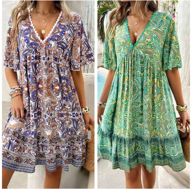 👗Minikleid mit Blumenmuster und V-Ausschnitt und kurzen Ärmeln für Damen
