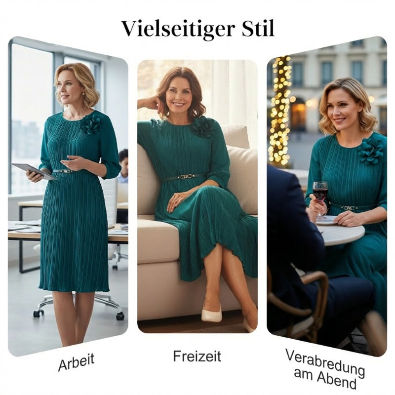 Elegantes plissiertes Midikleid mit 3/4-Ärmeln und Gürtel für Damen🔥Kauf 2 Artikel versandkostenfrei🔥