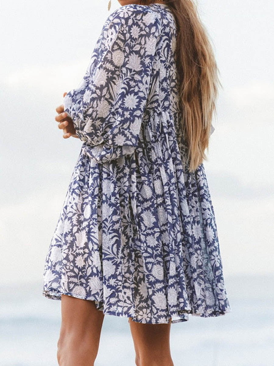 🔥HOT SALE-49% Rabatt🔥V-Ausschnitt Sommer Halbe Ärmel Floral Tunika Kurzes Kleid