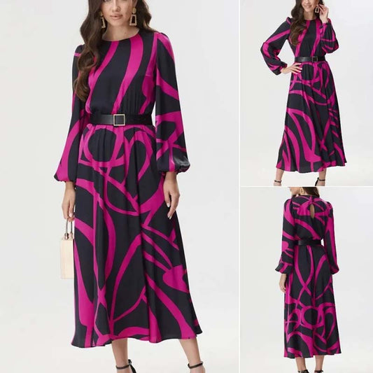 Langärmliges Kleid mit Gürtel und auffälligem geometrischem Druck für Damen