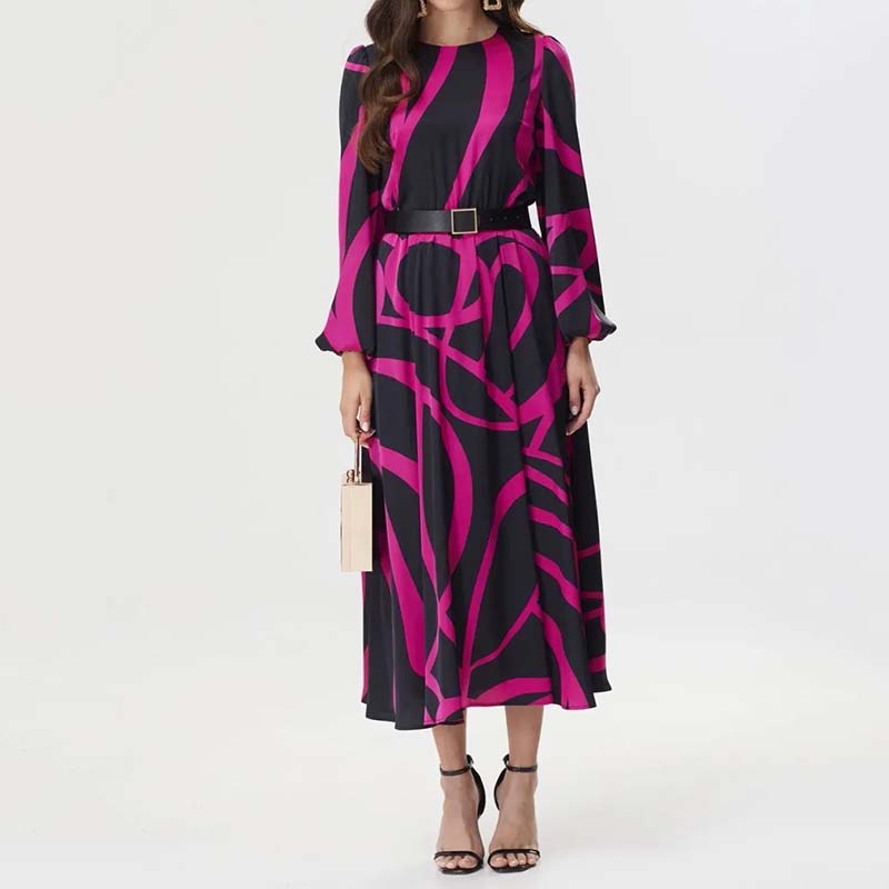Langärmliges Kleid mit Gürtel und auffälligem geometrischem Druck für Damen