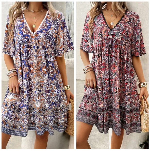 👗Minikleid mit Blumenmuster und V-Ausschnitt und kurzen Ärmeln für Damen
