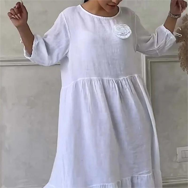 💃✨ Elegantes, einfarbiges Kleid mit Blumenmuster und Kordelzug an den Ärmeln