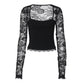 ✨Einfarbiges Damen-T-Shirt – Spitzenblumenmuster, Gesplittete Rüschen & Transparente Ärmel für Romantischen Look ✨
