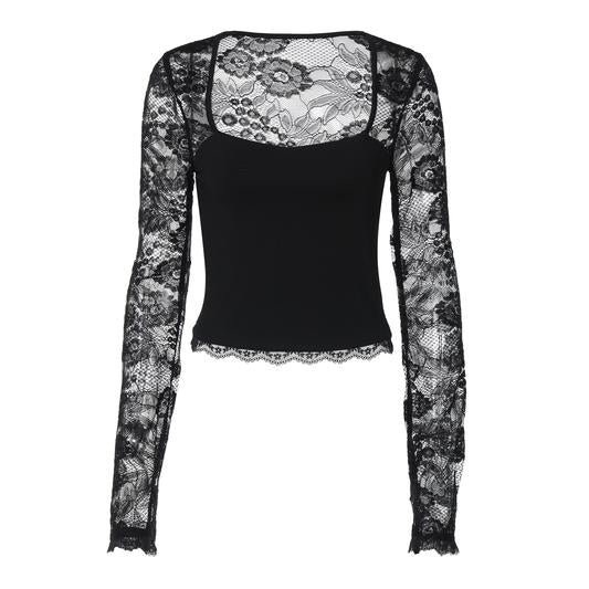✨Einfarbiges Damen-T-Shirt – Spitzenblumenmuster, Gesplittete Rüschen & Transparente Ärmel für Romantischen Look ✨