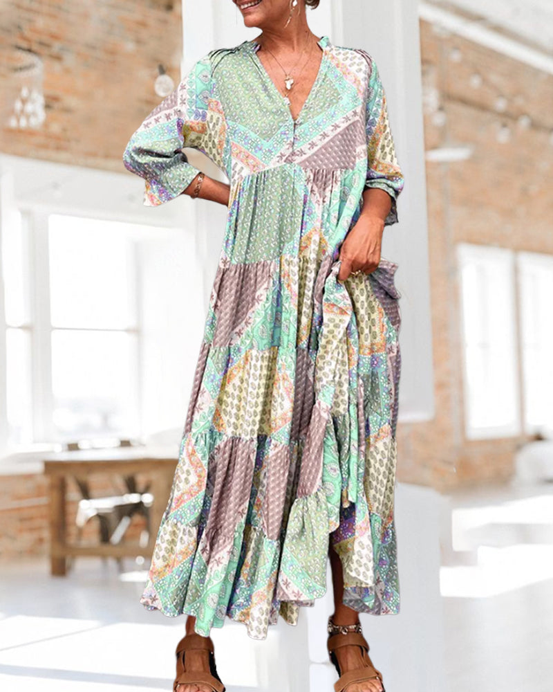 🔥Kleid mit Farbblock-Print und 3/4-Ärmeln