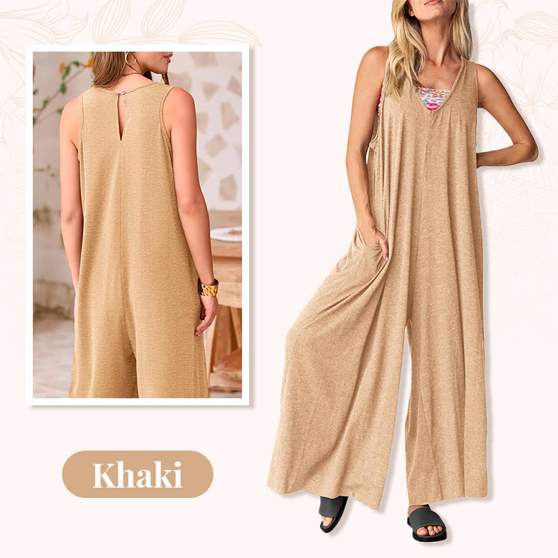 Lässiger, ärmelloser Jumpsuit mit V-Ausschnitt und weitem Bein für Damen