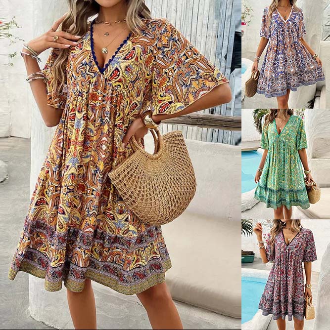 👗Minikleid mit Blumenmuster und V-Ausschnitt und kurzen Ärmeln für Damen