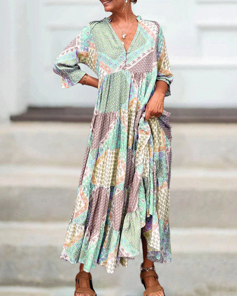🔥Kleid mit Farbblock-Print und 3/4-Ärmeln