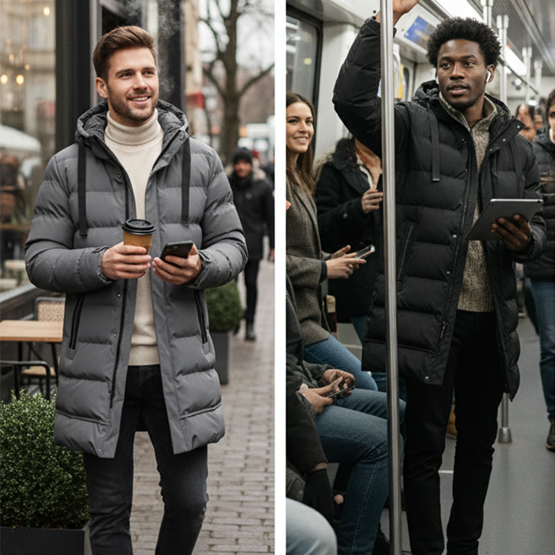🔈🔈Nützliche Winterprodukte – 50 % reduziert❄️ Herren-Daunenjacke in mittlerer Länge mit Kapuze