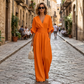 Damen V-Ausschnitt Hochtaillierter Weitbein-Jumpsuit