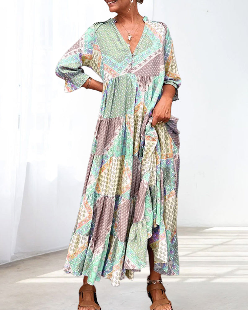🔥Kleid mit Farbblock-Print und 3/4-Ärmeln