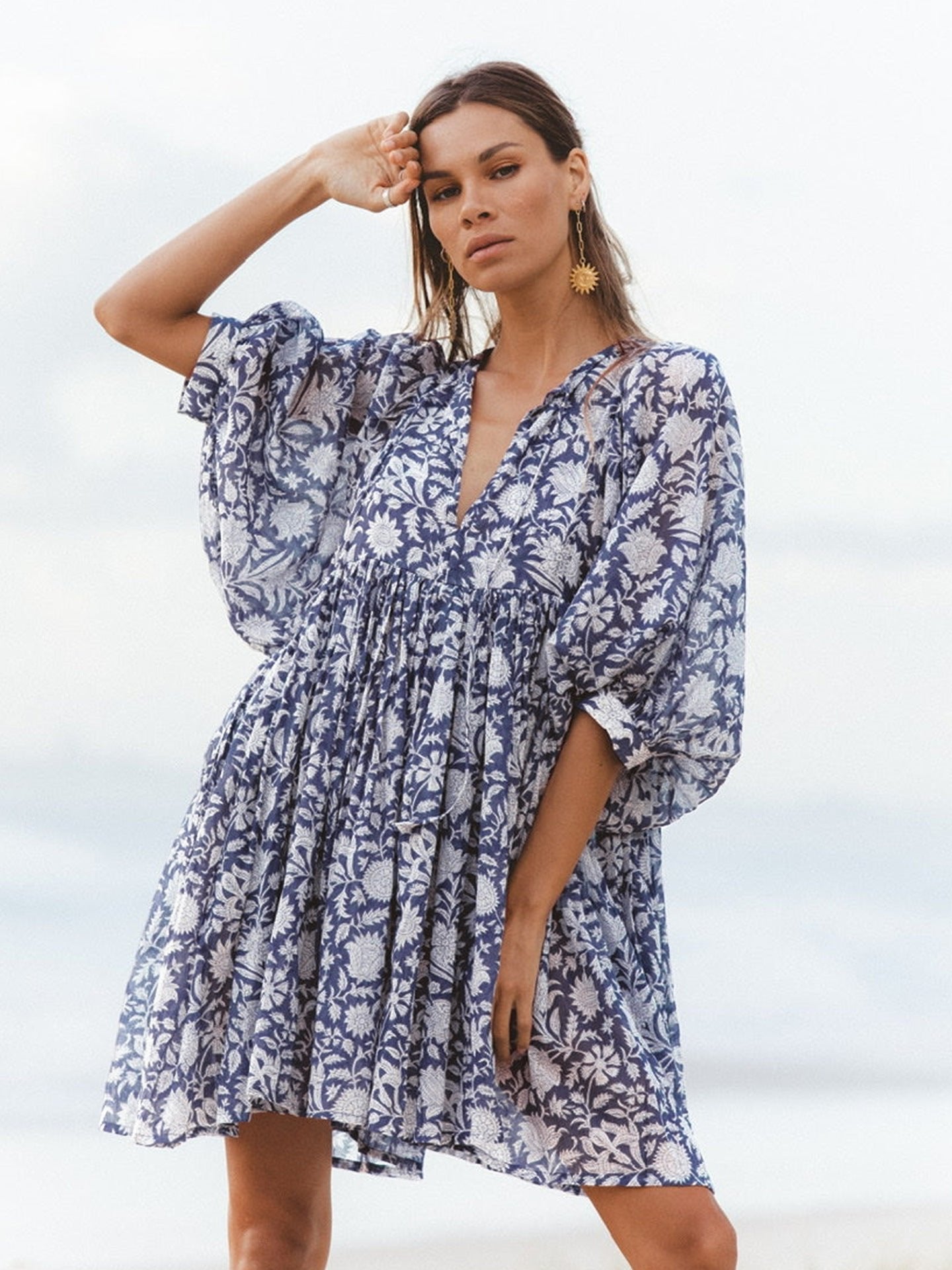 🔥HOT SALE-49% Rabatt🔥V-Ausschnitt Sommer Halbe Ärmel Floral Tunika Kurzes Kleid