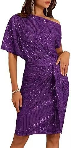 💃Letzter Tag des Schlussverkaufs – 50 % RABATT🎉Funkelndes Kleid mit Rüschen und einem Schulterteil