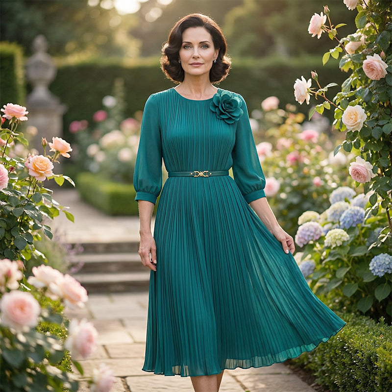 Elegantes plissiertes Midikleid mit 3/4-Ärmeln und Gürtel für Damen🔥Kauf 2 Artikel versandkostenfrei🔥