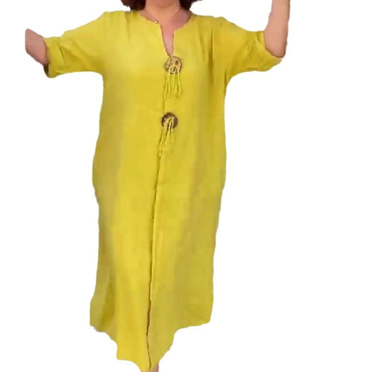 👗✨Lässiges Kleid mit V-Ausschnitt aus Baumwolle und Leinen