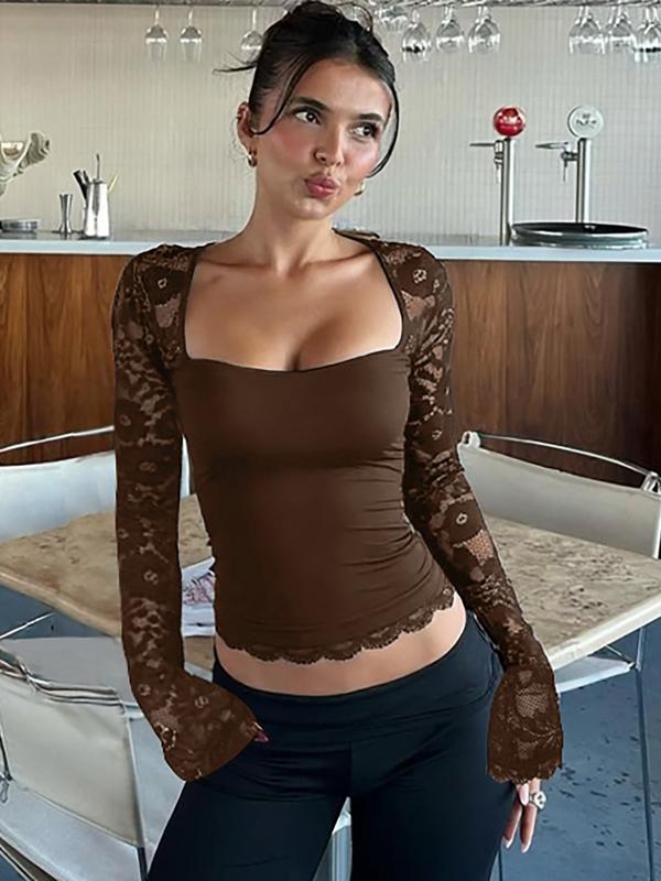 ✨Einfarbiges Damen-T-Shirt – Spitzenblumenmuster, Gesplittete Rüschen & Transparente Ärmel für Romantischen Look ✨
