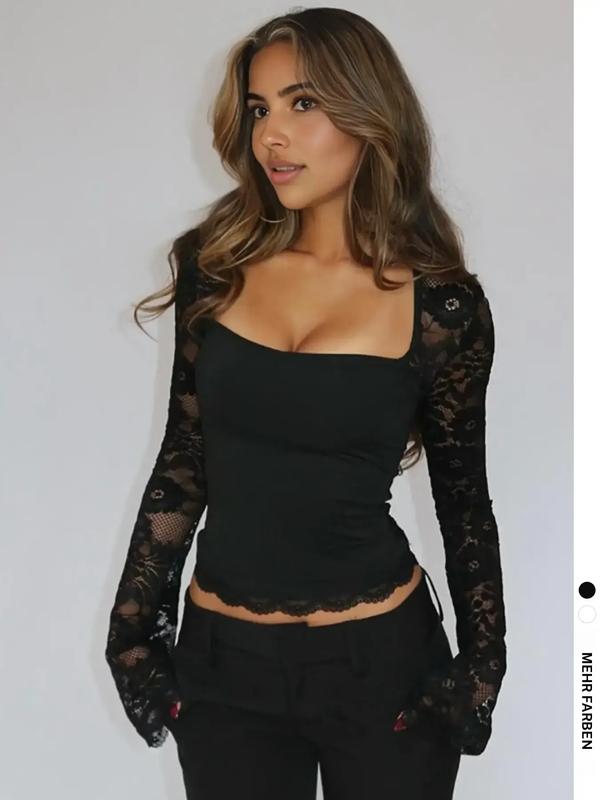 ✨Einfarbiges Damen-T-Shirt – Spitzenblumenmuster, Gesplittete Rüschen & Transparente Ärmel für Romantischen Look ✨