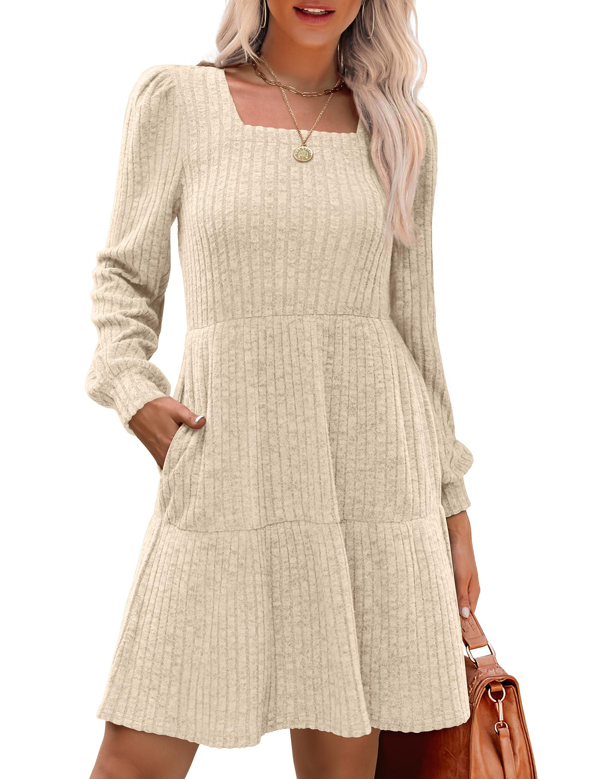 Damen geripptes Kleid mit quadratischem Ausschnitt und Laternenärmeln