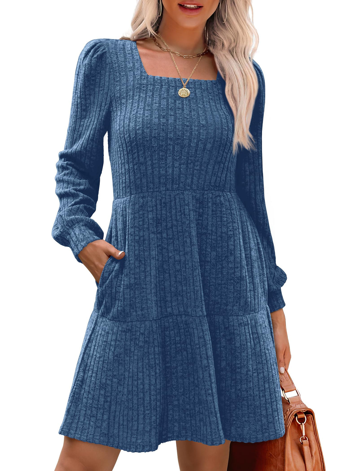 Damen geripptes Kleid mit quadratischem Ausschnitt und Laternenärmeln