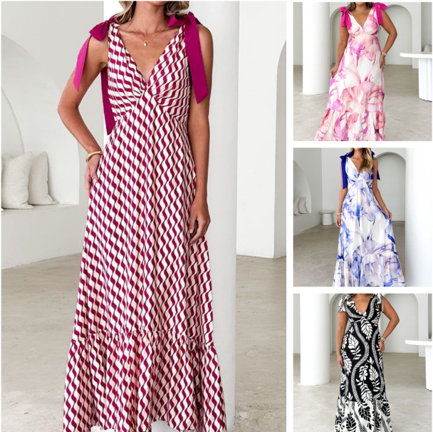 Lässiges, ärmelloses, bedrucktes Damenkleid mit V-Ausschnitt