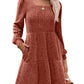 Damen geripptes Kleid mit quadratischem Ausschnitt und Laternenärmeln