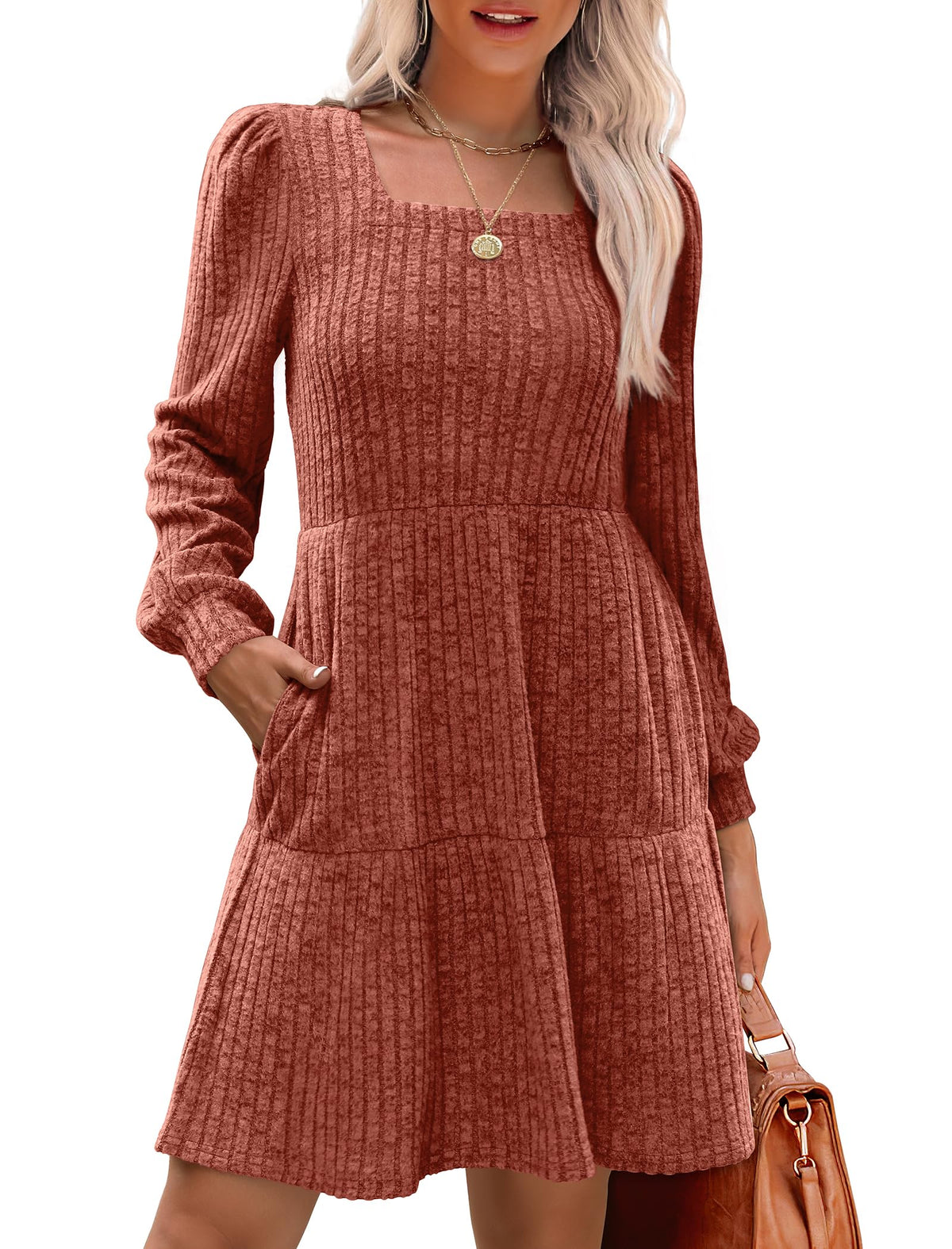 Damen geripptes Kleid mit quadratischem Ausschnitt und Laternenärmeln