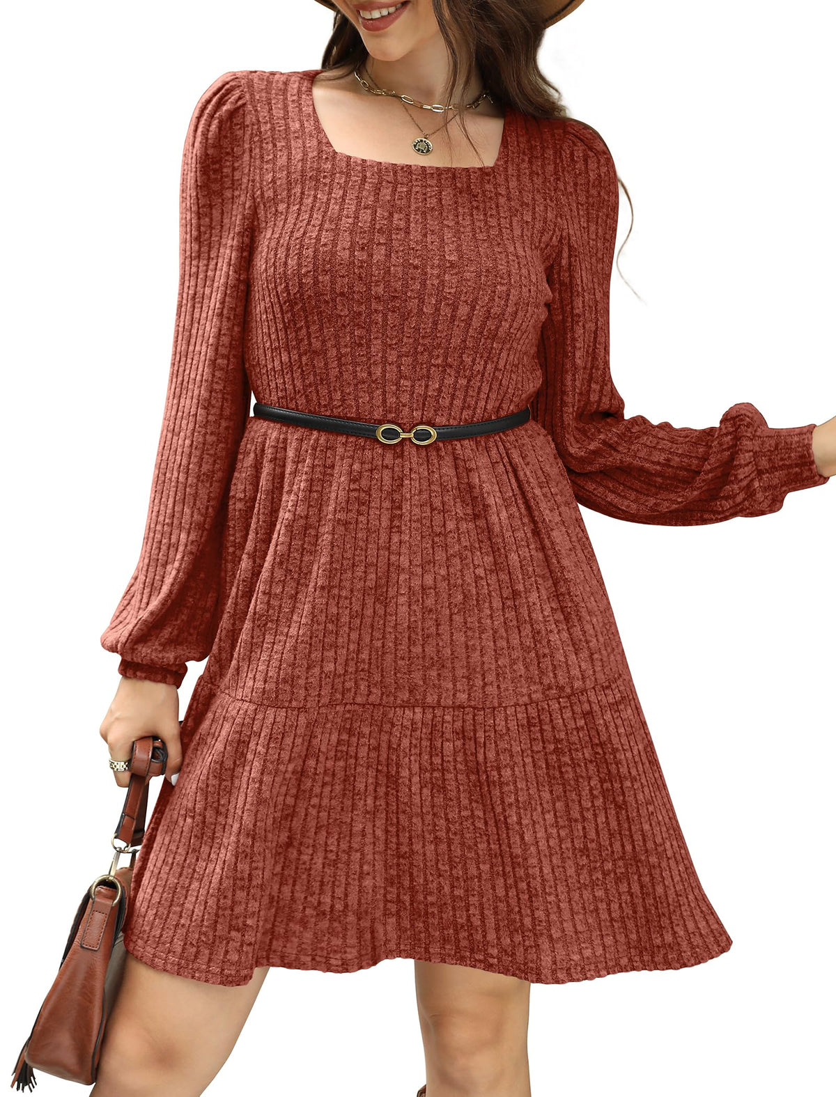 Damen geripptes Kleid mit quadratischem Ausschnitt und Laternenärmeln