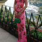 Cheongsam Style Rose Floral Print Tiered Flare Sleeve Stretch Maxi Dress