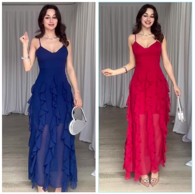 Elegantes Spaghetti-Träger-Rüschen-Maxi-Kleid für Damen mit mehreren Schichten