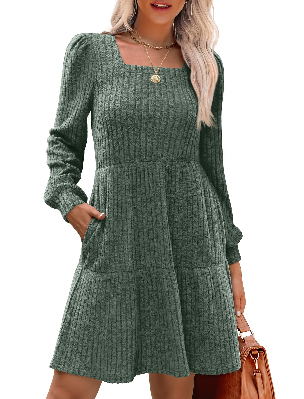 Damen geripptes Kleid mit quadratischem Ausschnitt und Laternenärmeln
