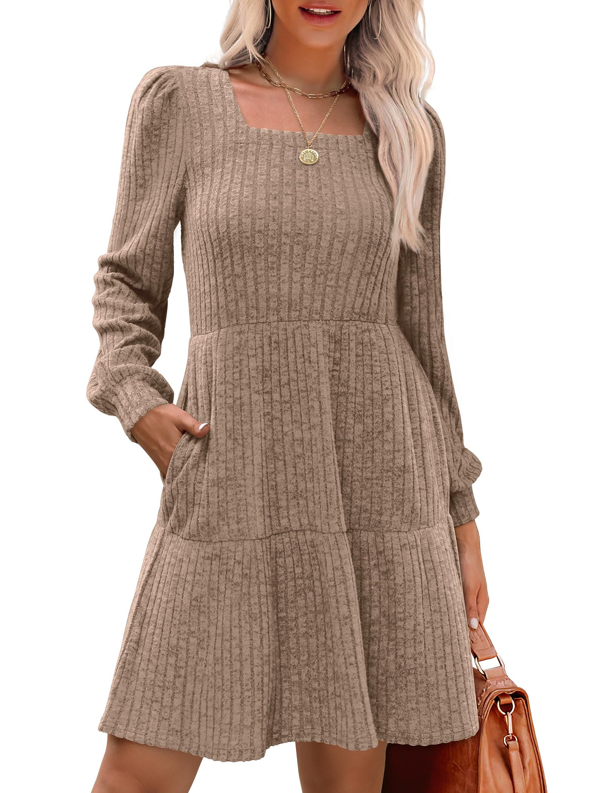 Damen geripptes Kleid mit quadratischem Ausschnitt und Laternenärmeln