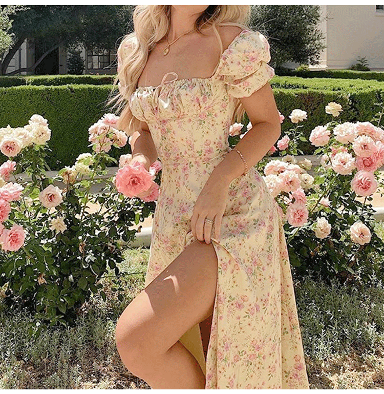 🎁Hot Sale 40% OFF⏳Square Neck Puff Sleeve Floral Print Dress