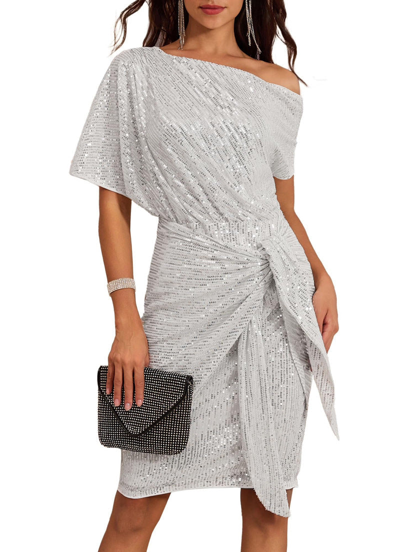 💃Letzter Tag des Schlussverkaufs – 50 % RABATT🎉Funkelndes Kleid mit Rüschen und einem Schulterteil