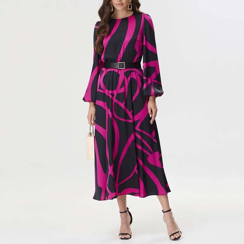 Langärmliges Kleid mit Gürtel und auffälligem geometrischem Druck für Damen