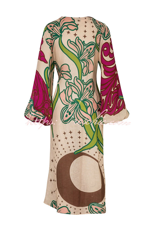 💃 Elegantes Maxi-Kleid aus Leinenmischung mit einzigartigem Print & Ballonärmeln