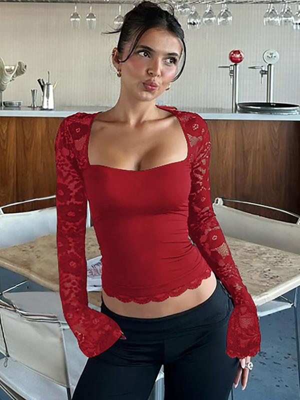 ✨Einfarbiges Damen-T-Shirt – Spitzenblumenmuster, Gesplittete Rüschen & Transparente Ärmel für Romantischen Look ✨