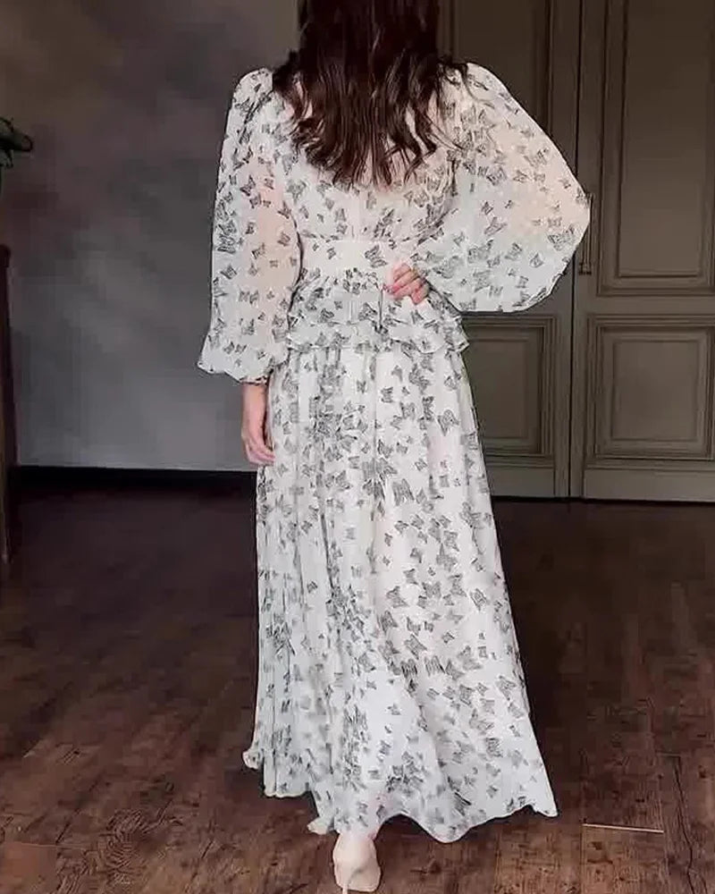 Elegantes Kleid mit bedrucktem Taillenbereich und V-Ausschnitt