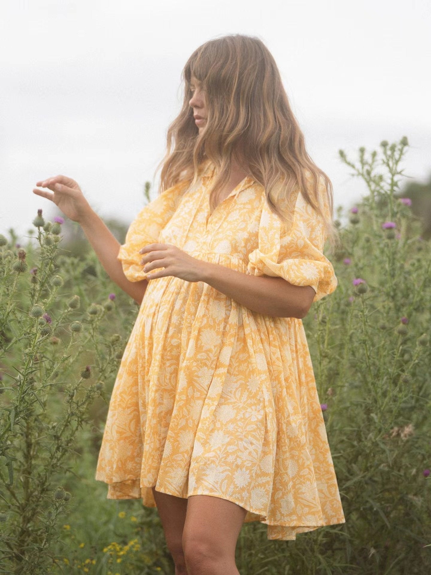 🔥HOT SALE-49% Rabatt🔥V-Ausschnitt Sommer Halbe Ärmel Floral Tunika Kurzes Kleid