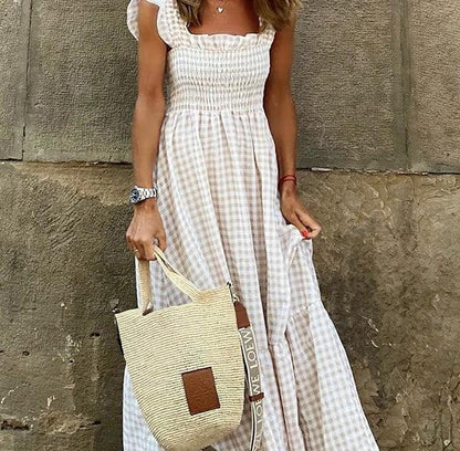 🌸Singing Solo – Mehrfarbiges Maxikleid mit gesmokten Büsten und Karomuster