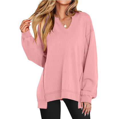 🍂✨Übergroßes Damen-Sweatshirt mit V-Ausschnitt, langärmelig, Tunika, leichter Pullover