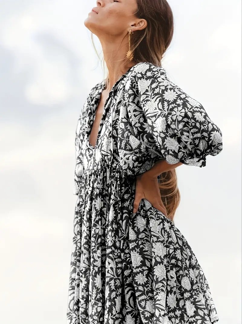 🔥HOT SALE-49% Rabatt🔥V-Ausschnitt Sommer Halbe Ärmel Floral Tunika Kurzes Kleid